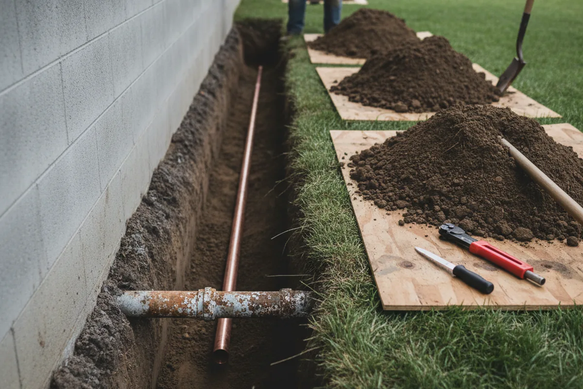Excavated water line trench during Sewer Line Repair in Wixom